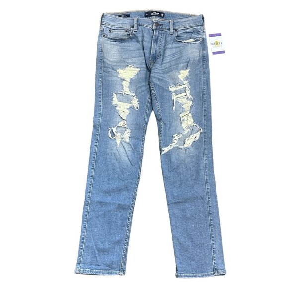 Hollister Mens 32x30 Blue Jeans Skinny Fit Advanced Stretch Distressed Ripped - Picture 1 of 13